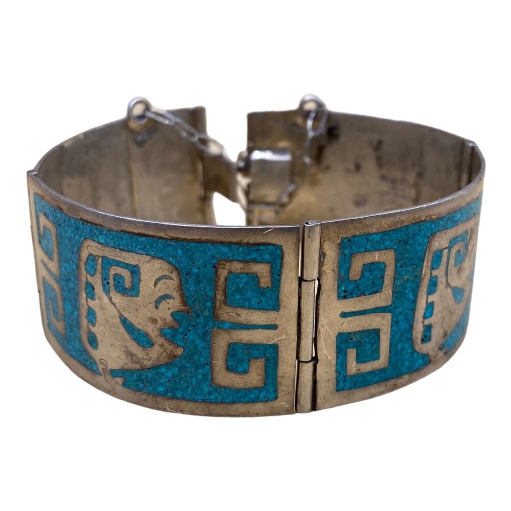 Mexico 925 Sterling Silver Crushed Turquoise Inlay Greek Key Bracelet READ - Picture 1 of 10